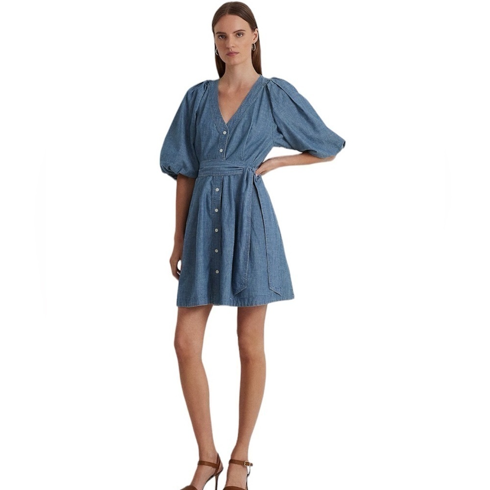 Ralph Lauren Belted Denim Bubble-Sleeve Shirtdress Size 14 NWT